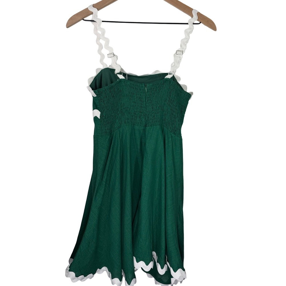 Senllen Green Cotton Linen Ric Rac Trim Mini Dress Smocked Back Size M NWT - Picture 6 of 7